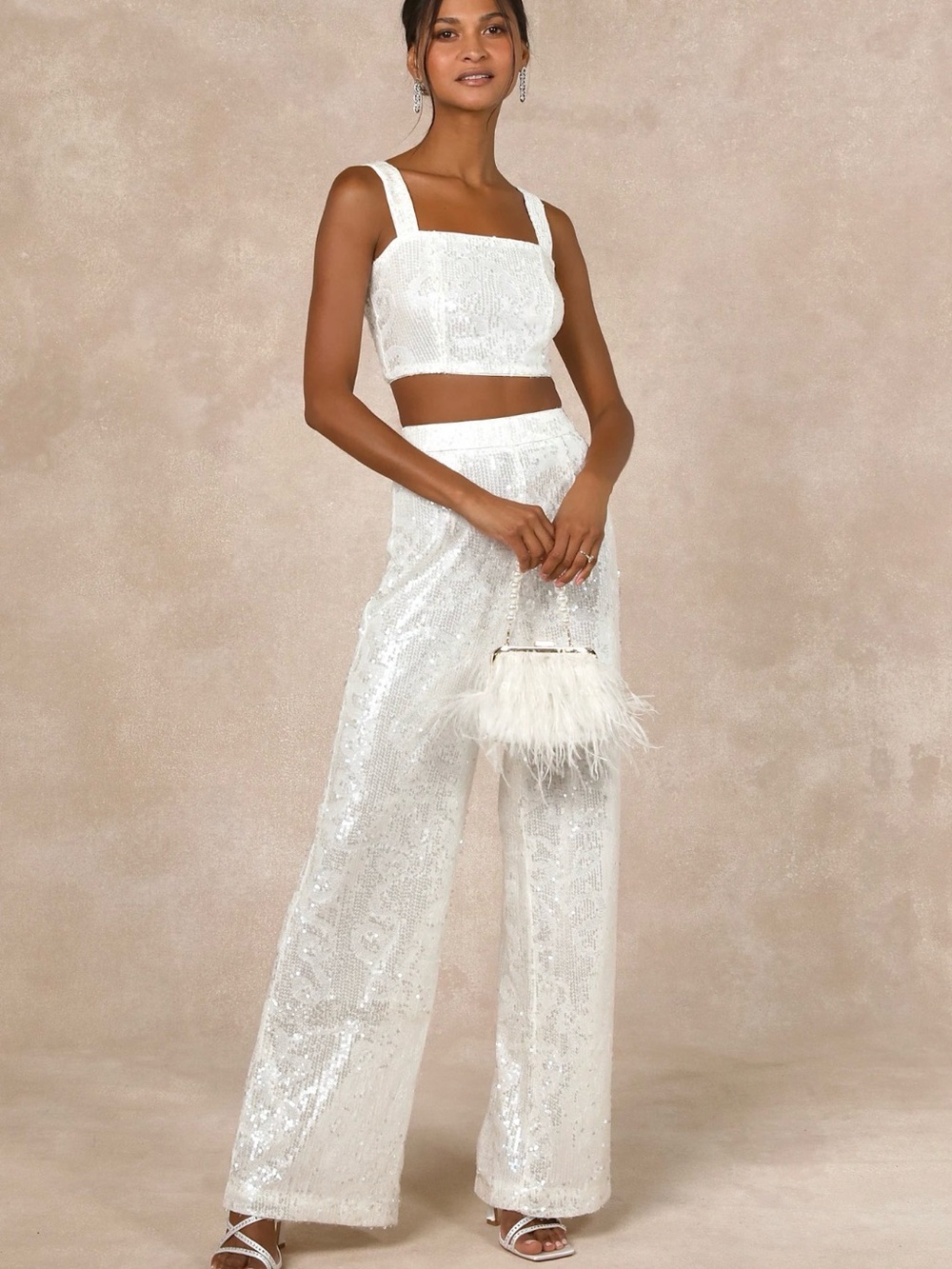 Lulus Divine Presence White Sequin Sleeveless Two-Piece Jumpsuit